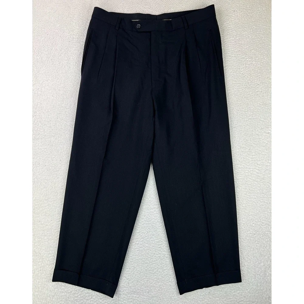 Hugo Boss Dress Pants Mens 36x27 Black Wool Pleated Cuffed Einstein USA